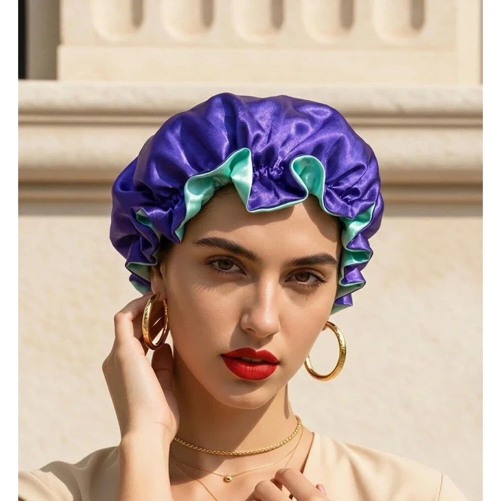 Reversible Satin Sleep Bonnet – Blue & Purple– Extra Large, Elastic Fit
